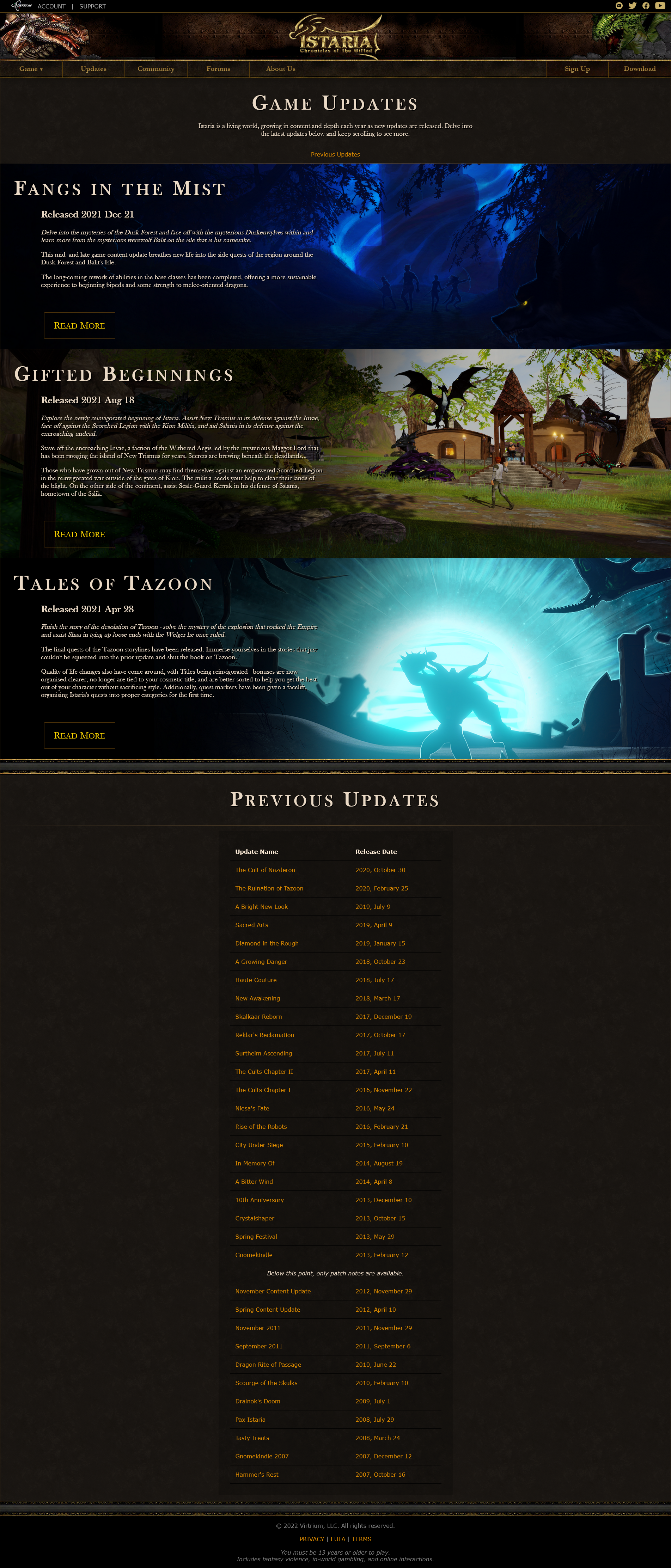 Preview of the update catalogue page, where you can skim through all prior updates.